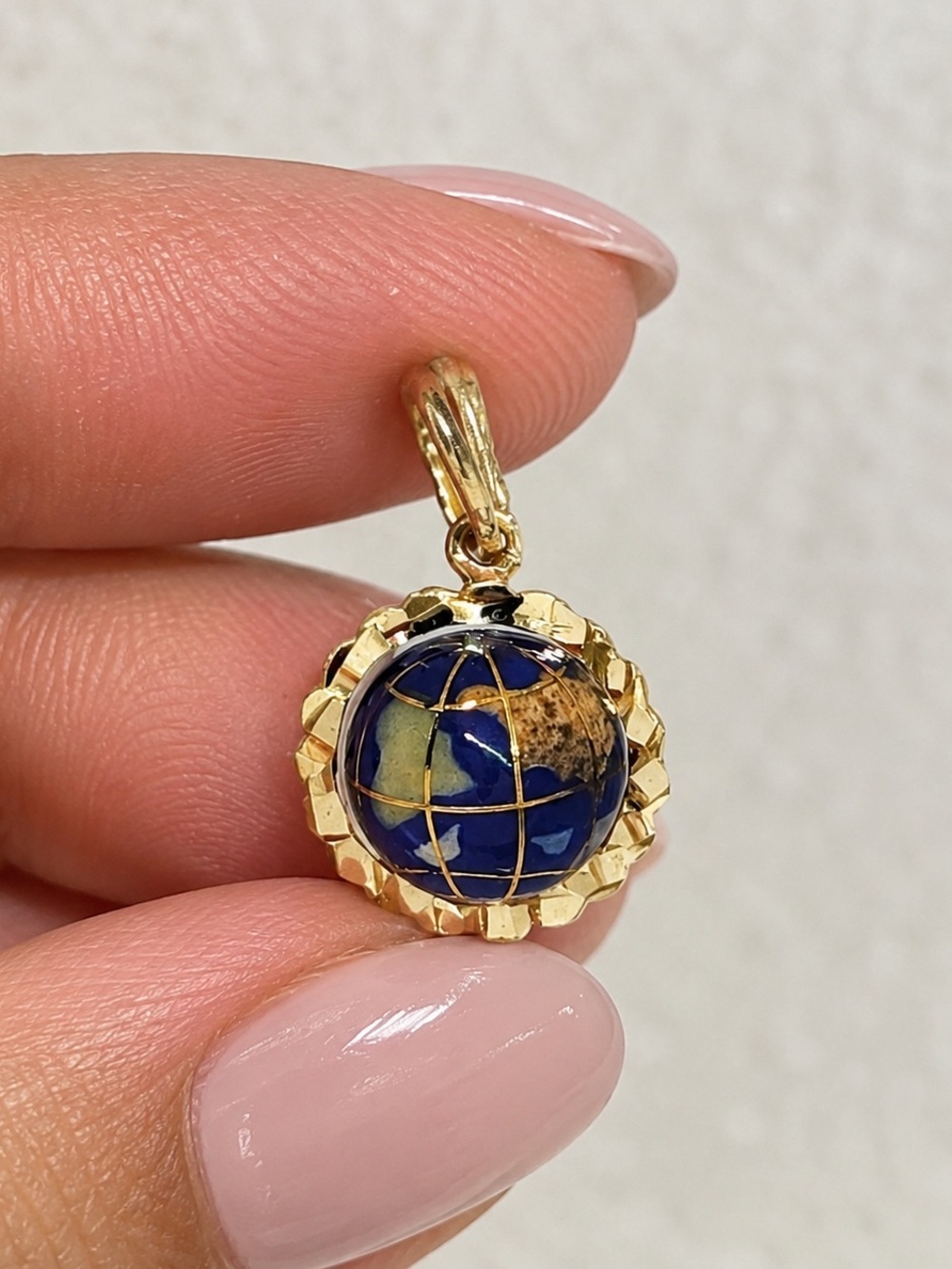 10K Yellow Gold Lapis Globe Pendant, Gold World Map, Rotating Earth Charm travel